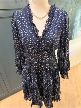 APRICOT Navy Blue Ruffle Tiered Mini Dress with Cream Spots SZ 6 Flowy